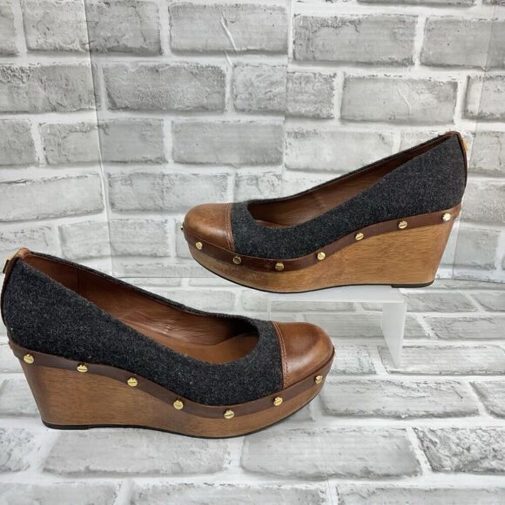 Tory Burch Greta Women's Size 10 Gray Wool and Brown Leather Wooden Wedges